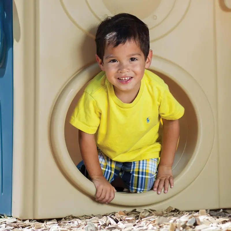 Step2 Neighborhood Fun Center – Outdoor Playhouse with Slide, Brown Finish, Designed for Active Kids’ Imaginative Play