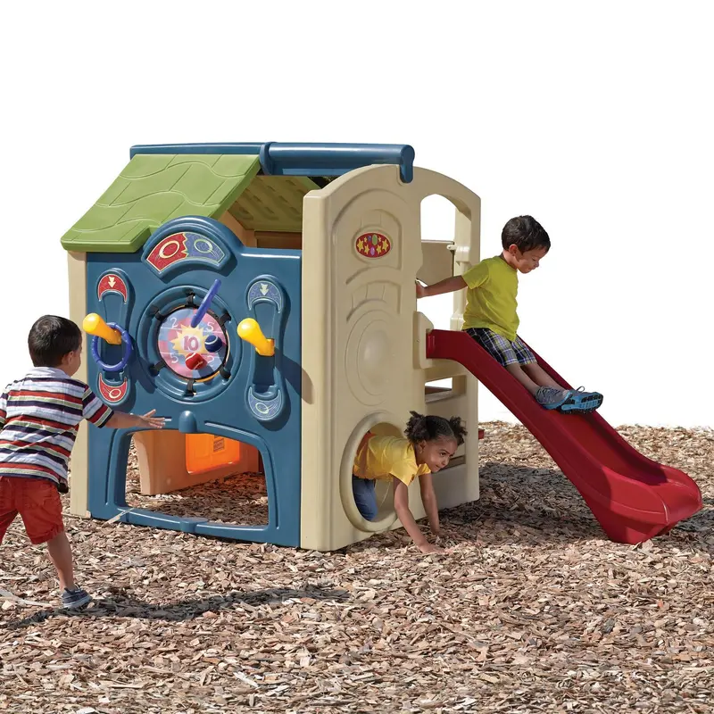 Step2 Neighborhood Fun Center – Outdoor Playhouse with Slide, Brown Finish, Designed for Active Kids’ Imaginative Play