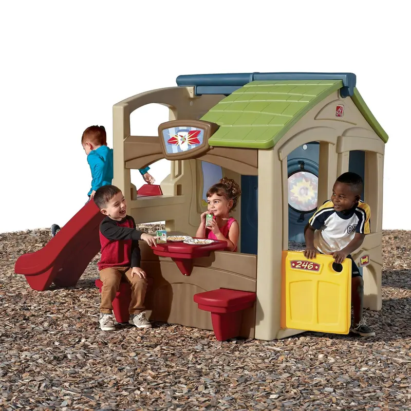 Step2 Neighborhood Fun Center – Outdoor Playhouse with Slide, Brown Finish, Designed for Active Kids’ Imaginative Play