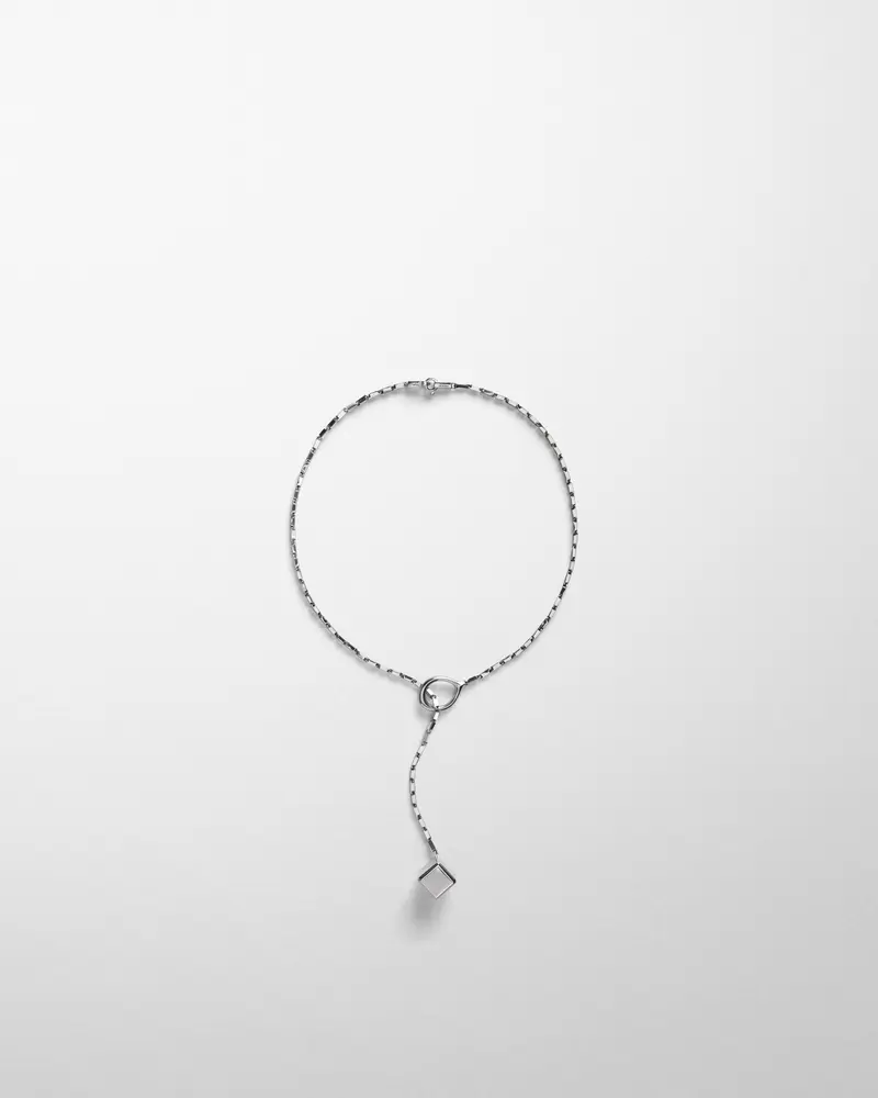 Sterling Silver Hoop-Tie Lariat Necklace With Cube Pendant