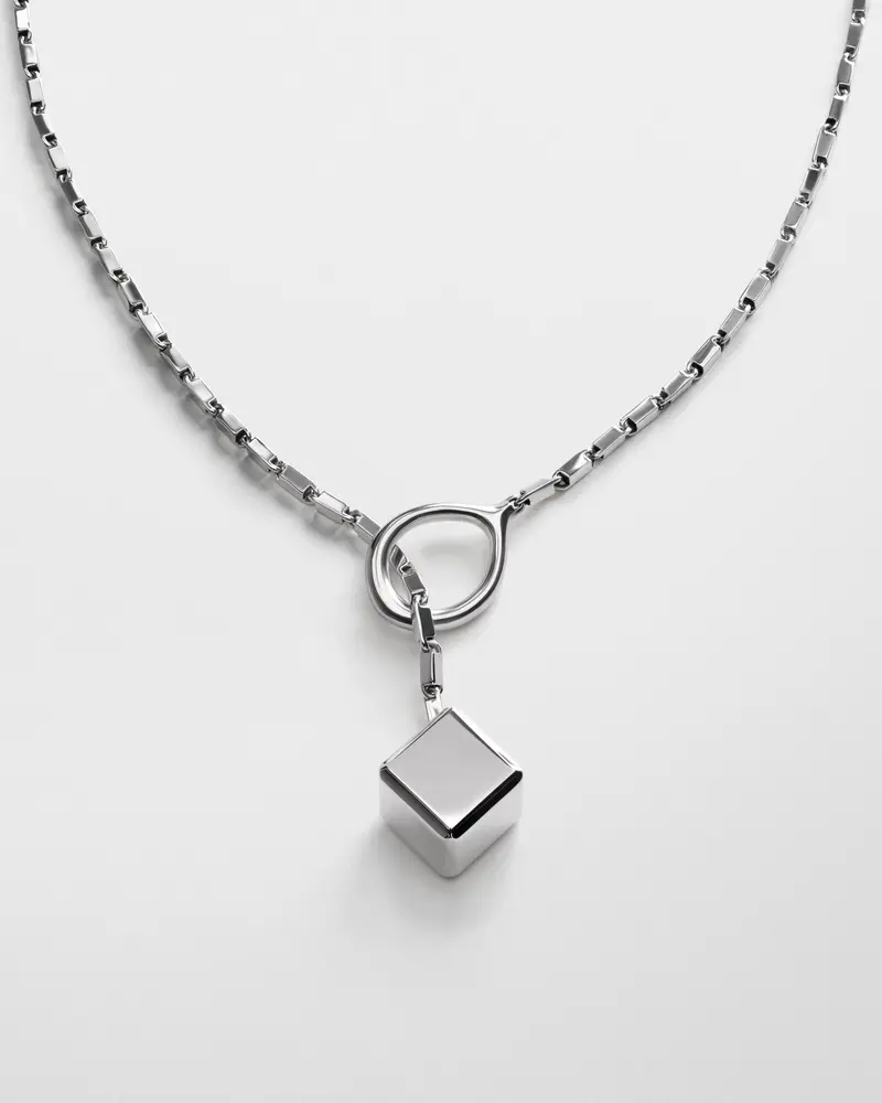 Sterling Silver Hoop-Tie Lariat Necklace With Cube Pendant 2