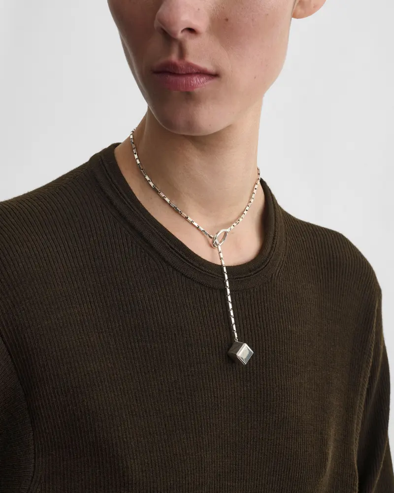 Sterling Silver Hoop-Tie Lariat Necklace With Cube Pendant