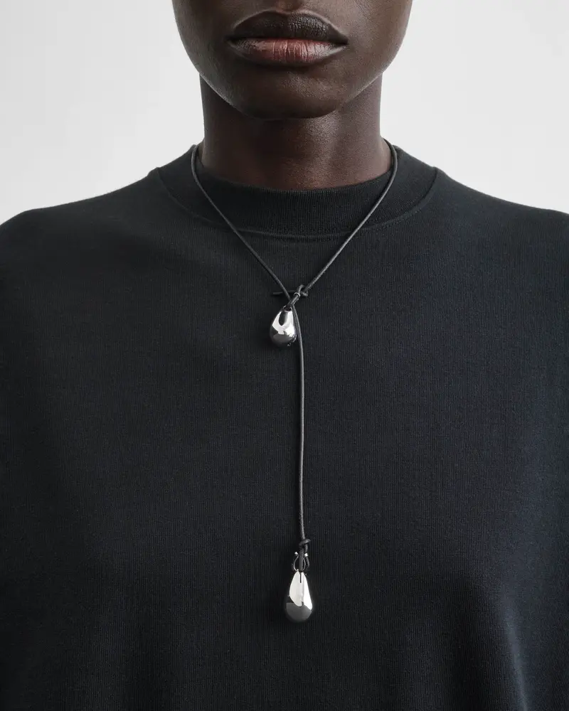 Sterling Silver Pebble Duo Pendant Necklace With Black Leather Cord