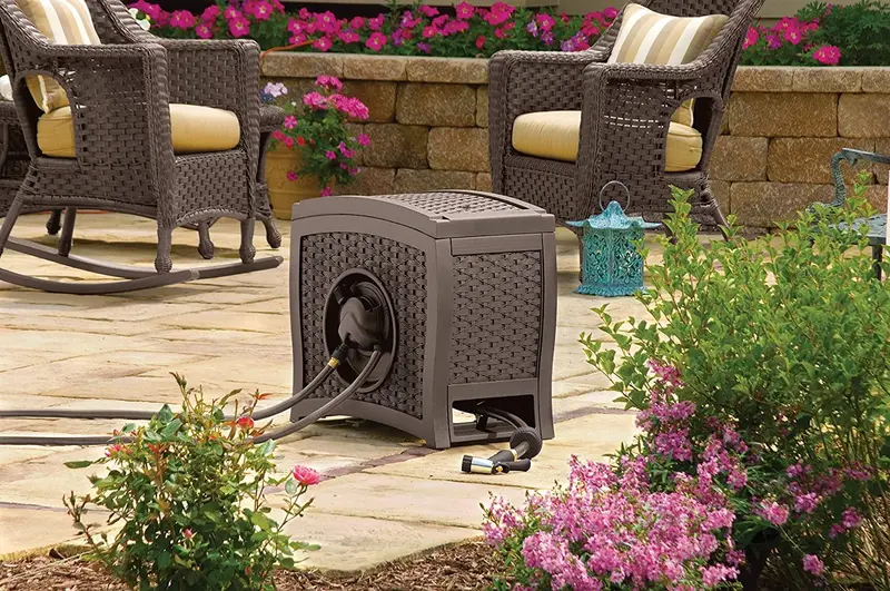 Suncast Aquawinder 125-Foot Retractable Hose Reel — Water-Powered Automatic Rewind, Wicker-Style Housing with Java Finish
