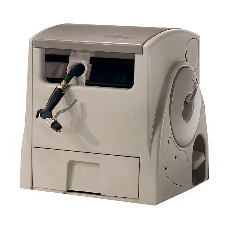 Suncast Powerwind Auto-Rewind Hose Reel – 100-Foot Capacity with Smooth Retraction and Light Taupe Exterior