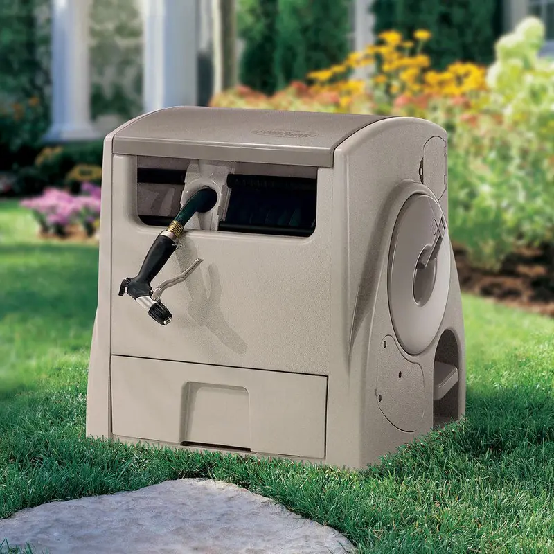 Suncast Powerwind Auto-Rewind Hose Reel – 100-Foot Capacity with Smooth Retraction and Light Taupe Exterior