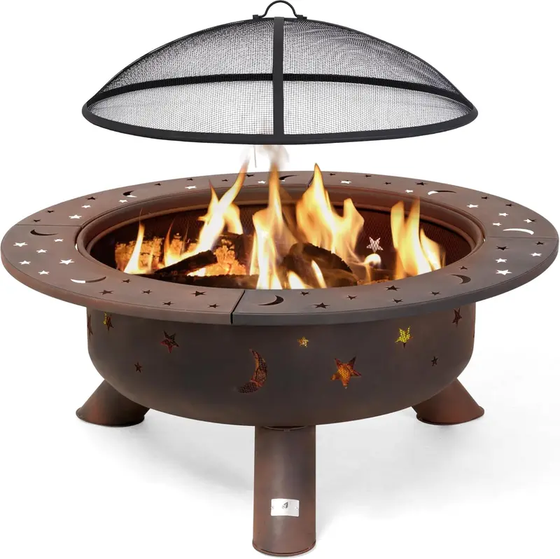 SUNCREAT Black Wood-Burning Fire Pit – 42" Outdoor Patio Fireplace with Spark Guard and Adjustable Poker