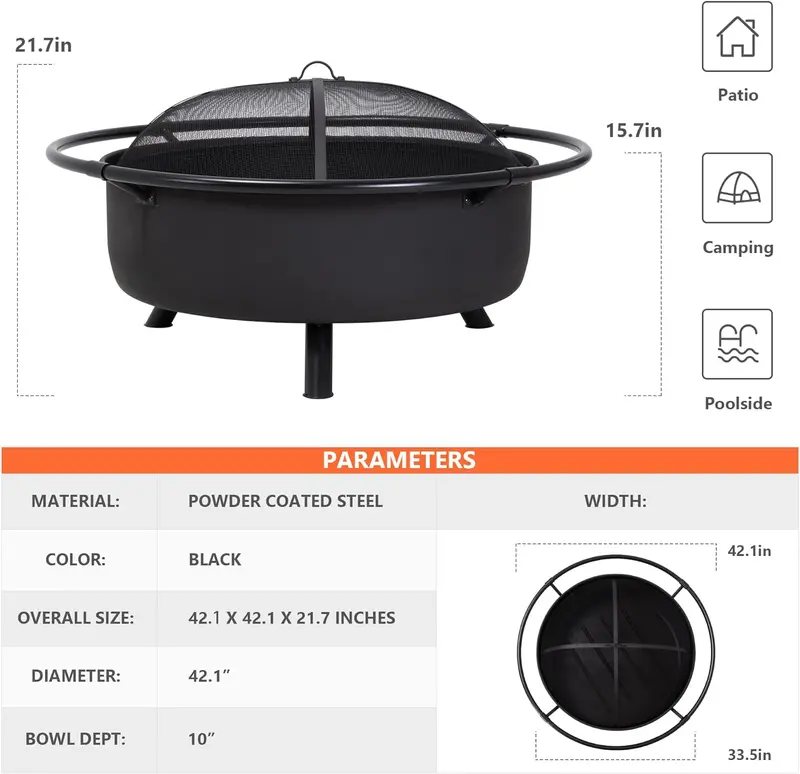 SUNCREAT Black Wood-Burning Fire Pit – 42" Outdoor Patio Fireplace with Spark Guard and Adjustable Poker