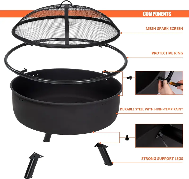 SUNCREAT Black Wood-Burning Fire Pit – 42" Outdoor Patio Fireplace with Spark Guard and Adjustable Poker