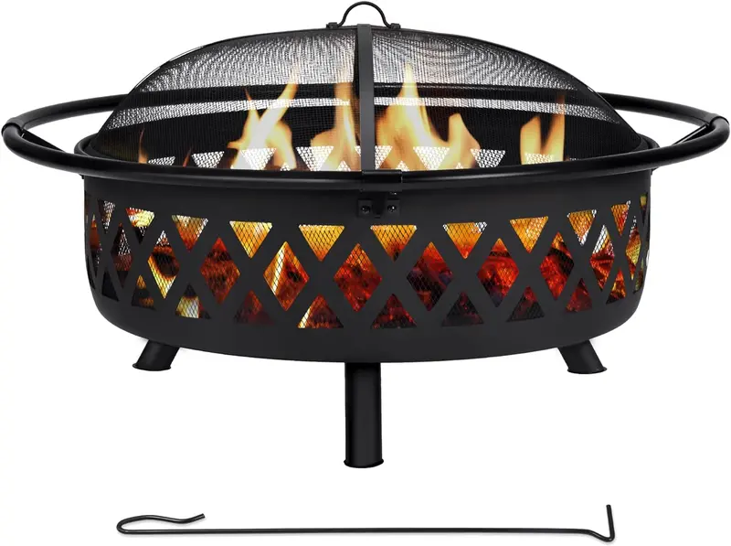 SUNCREAT Black Wood-Burning Fire Pit – 42" Outdoor Patio Fireplace with Spark Guard and Adjustable Poker