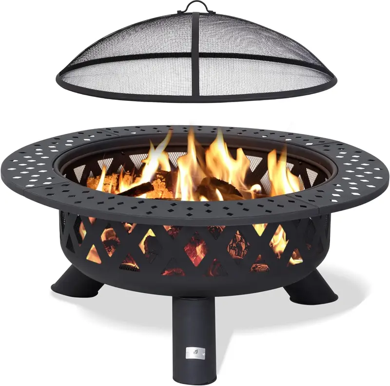 SUNCREAT Black Wood-Burning Fire Pit – 42" Outdoor Patio Fireplace with Spark Guard and Adjustable Poker