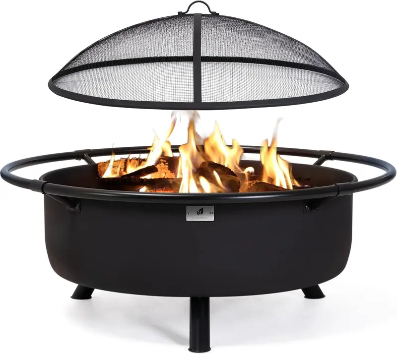 SUNCREAT Black Wood-Burning Fire Pit – 42" Outdoor Patio Fireplace with Spark Guard and Adjustable Poker