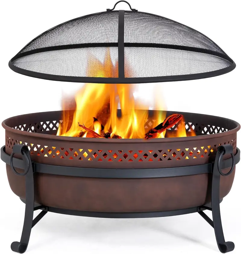 SUNCREAT Black Wood-Burning Fire Pit – 42" Outdoor Patio Fireplace with Spark Guard and Adjustable Poker