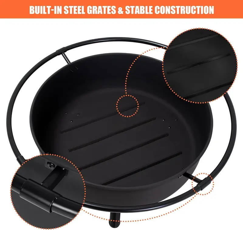 SUNCREAT Black Wood-Burning Fire Pit – 42" Outdoor Patio Fireplace with Spark Guard and Adjustable Poker