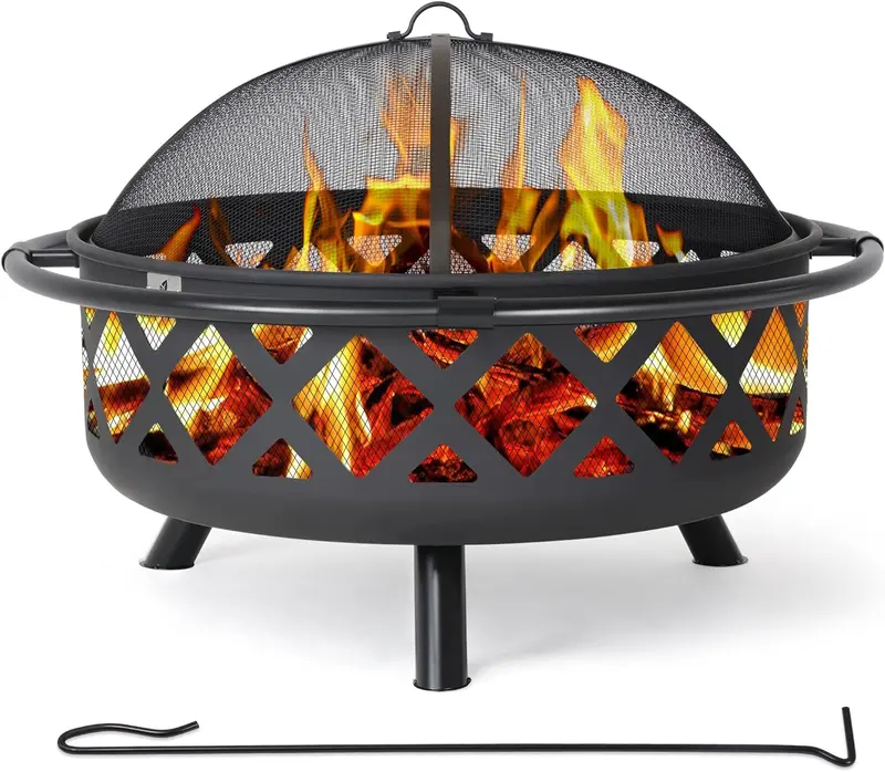SUNCREAT Black Wood-Burning Fire Pit – 42" Outdoor Patio Fireplace with Spark Guard and Adjustable Poker