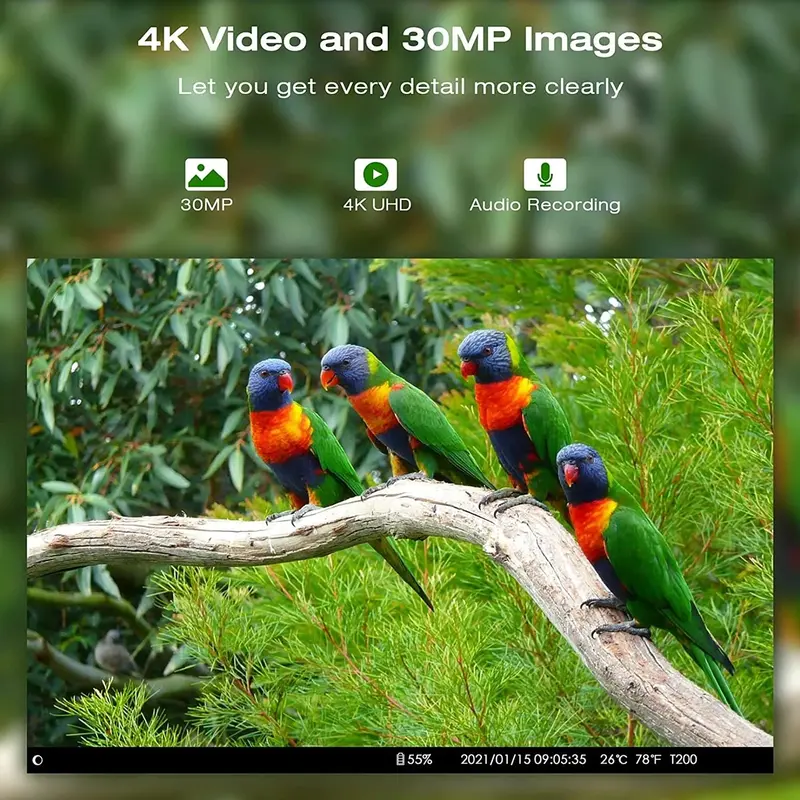 T200 Solar-Powered Trail Camera – 4K Resolution, 30MP Image Capture, WiFi & Bluetooth for Wildlife Observation