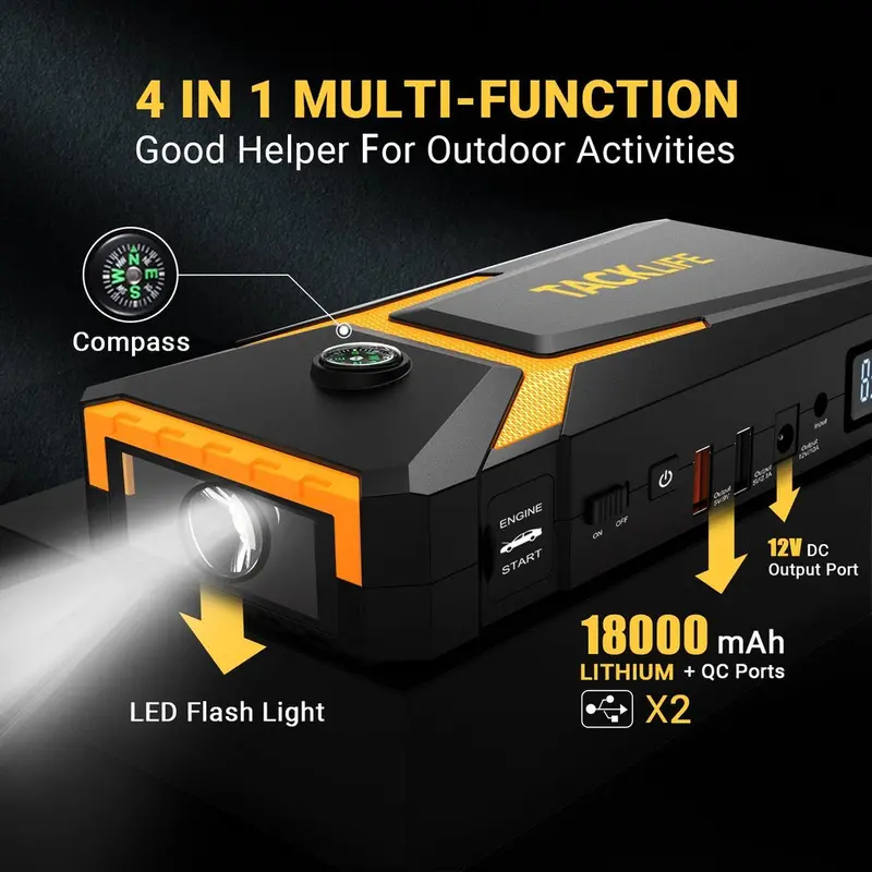 TACKLIFE T8 800A Car Jump Starter – 18000mAh Capacity, Supports Gas (7.0L) & Diesel (5.5L) Engines, Fast Charging & Safety Features