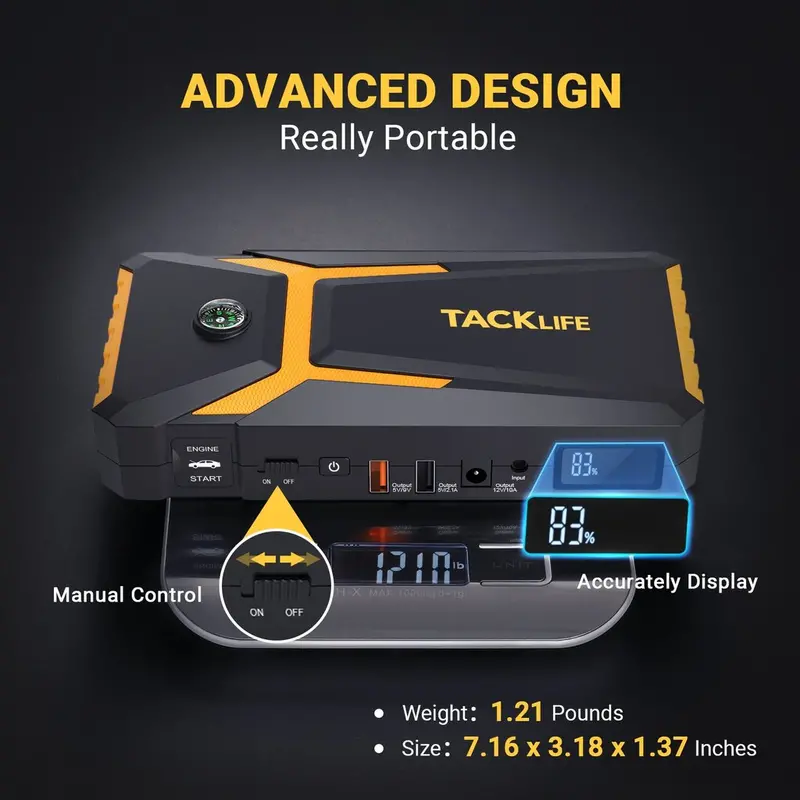 TACKLIFE T8 800A Car Jump Starter – 18000mAh Capacity, Supports Gas (7.0L) & Diesel (5.5L) Engines, Fast Charging & Safety Features