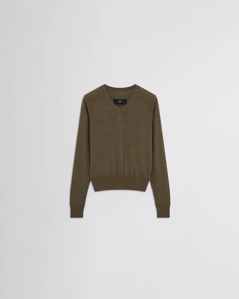 Taupe Merino Wool V-Neck Jumper With Shoulder Stitch Detail