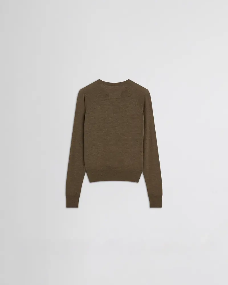 Taupe Merino Wool V-Neck Jumper With Shoulder Stitch Detail 2