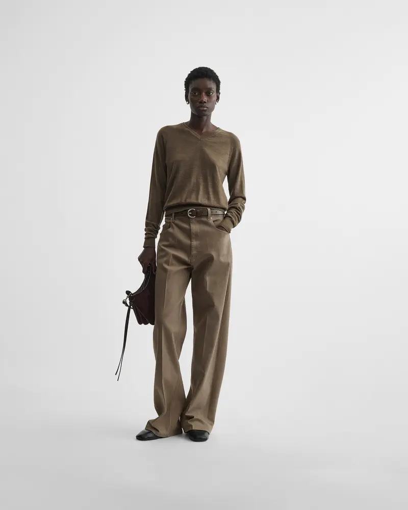 Taupe Merino Wool V-Neck Jumper With Shoulder Stitch Detail