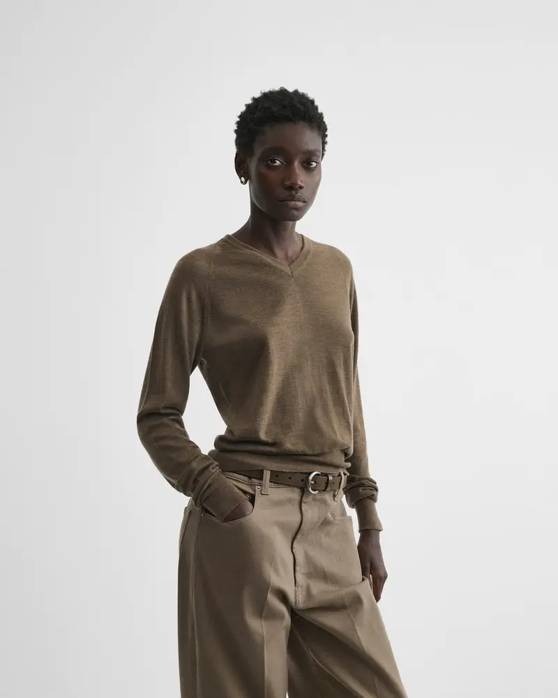 Taupe Merino Wool V-Neck Jumper With Shoulder Stitch Detail