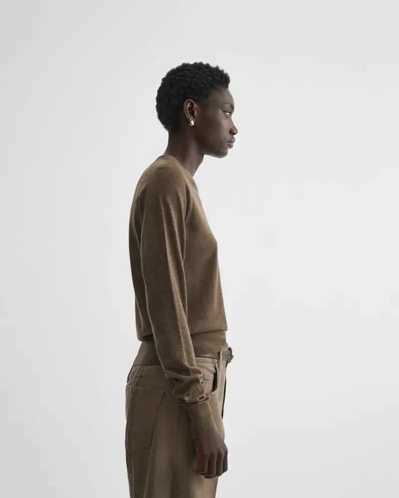Taupe Merino Wool V-Neck Jumper With Shoulder Stitch Detail