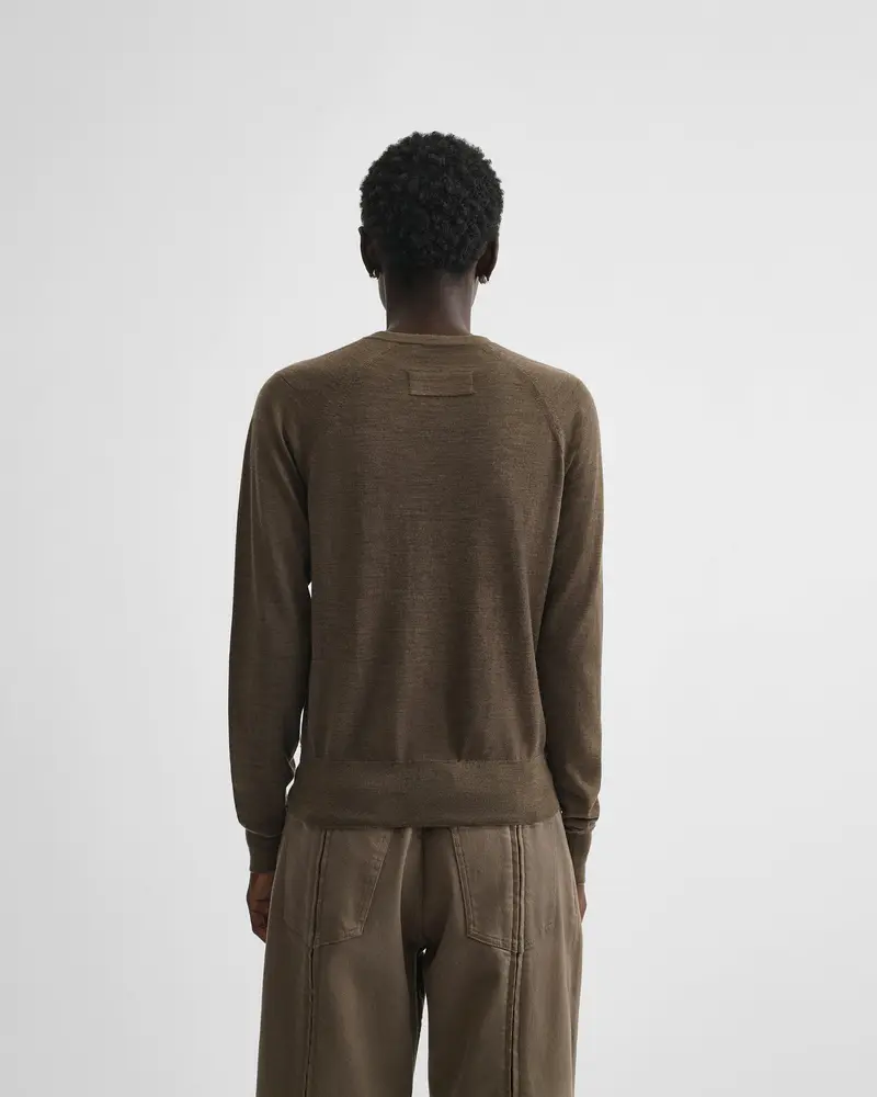 Taupe Merino Wool V-Neck Jumper With Shoulder Stitch Detail