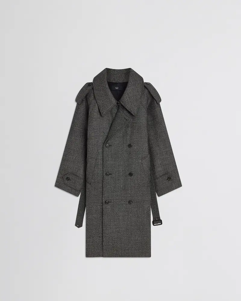 Textured Salt-And-Pepper Wool Trench Coat With Padded Construction
