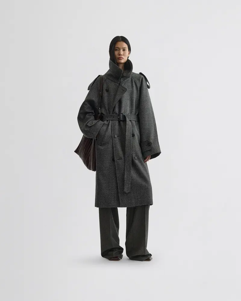 Textured Salt-And-Pepper Wool Trench Coat With Padded Construction