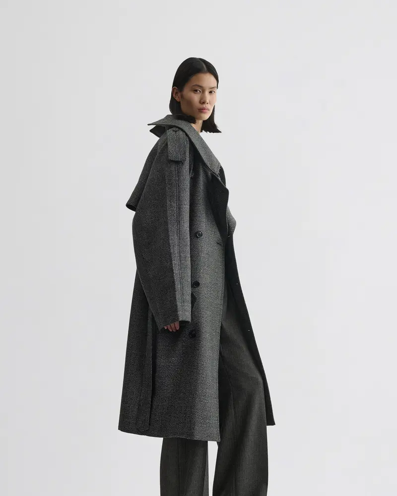 Textured Salt-And-Pepper Wool Trench Coat With Padded Construction