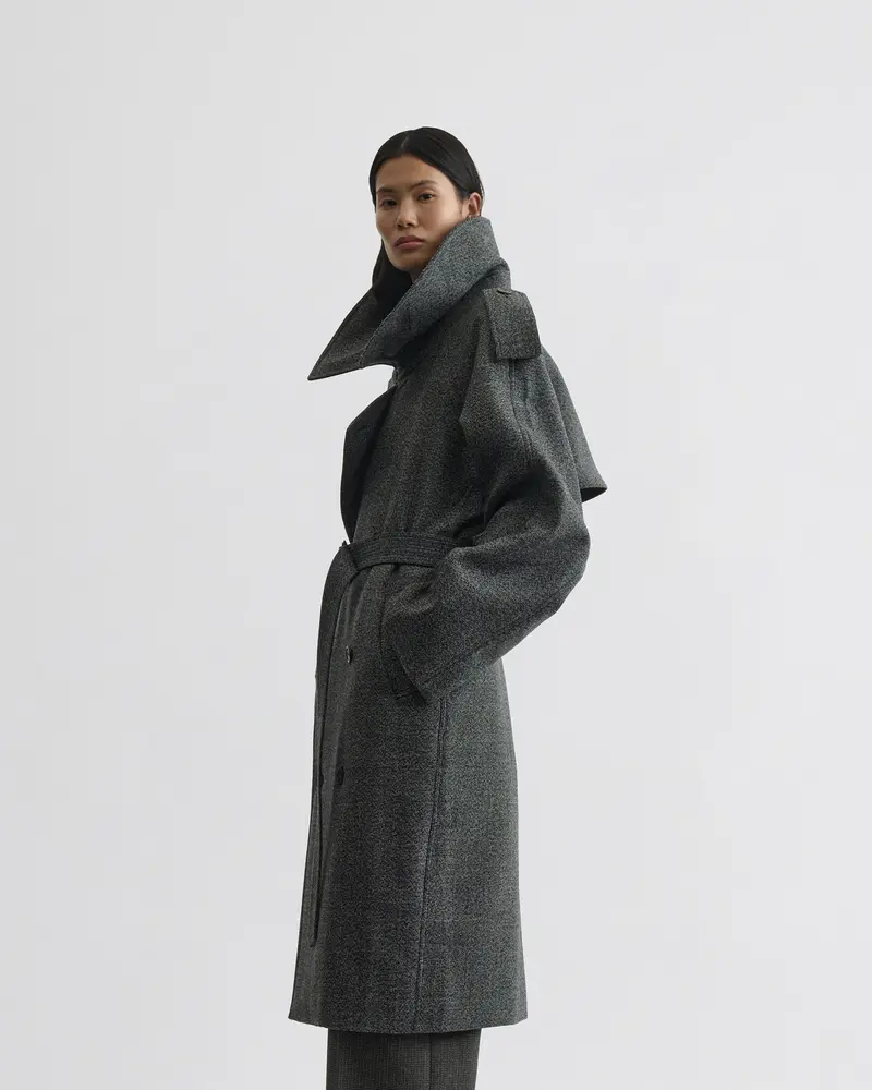Textured Salt-And-Pepper Wool Trench Coat With Padded Construction