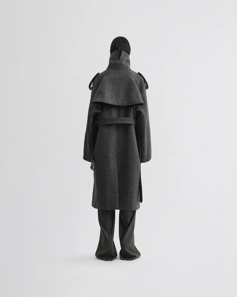 Textured Salt-And-Pepper Wool Trench Coat With Padded Construction