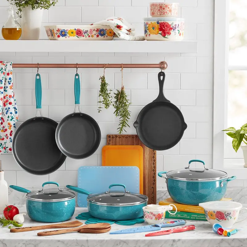 The Pioneer Woman Floral Cookware Set — 38-Piece Teal Nonstick Collection Designed for Daily Culinary Use