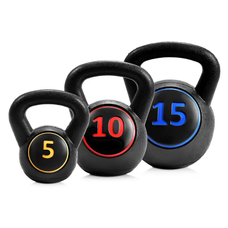 Three-Piece HDPE-Coated Kettlebell Set — Durable 5 lb, 10 lb, and 15 lb Weights for Home Fitness Routines