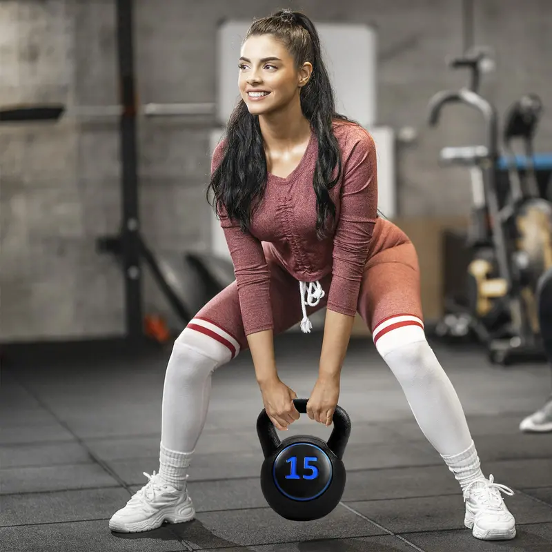 Three-Piece HDPE-Coated Kettlebell Set — Durable 5 lb, 10 lb, and 15 lb Weights for Home Fitness Routines