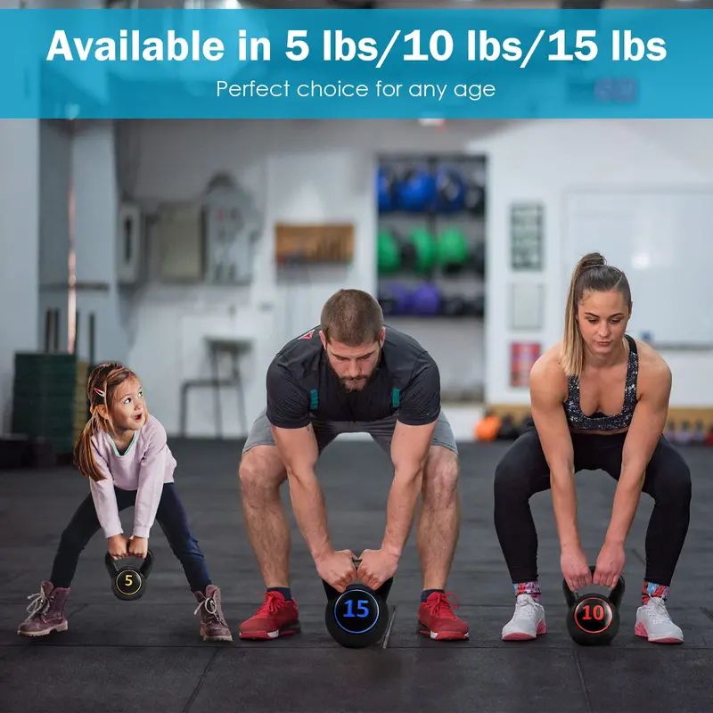 Three-Piece HDPE-Coated Kettlebell Set — Durable 5 lb, 10 lb, and 15 lb Weights for Home Fitness Routines