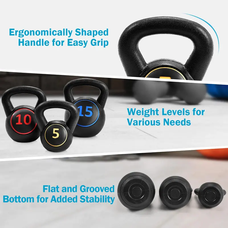 Three-Piece HDPE-Coated Kettlebell Set — Durable 5 lb, 10 lb, and 15 lb Weights for Home Fitness Routines