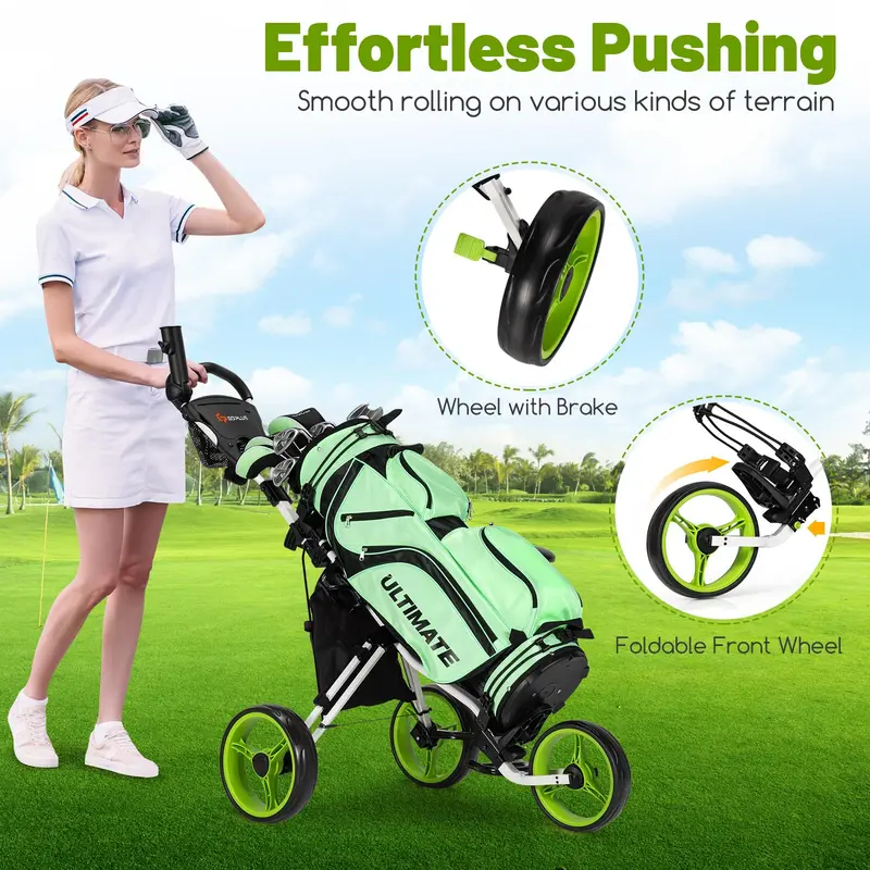 Three-Wheel Golf Push Cart – Space-Saving Foldable Caddy with Ergonomic Seat and Precision-Rolling Wheels