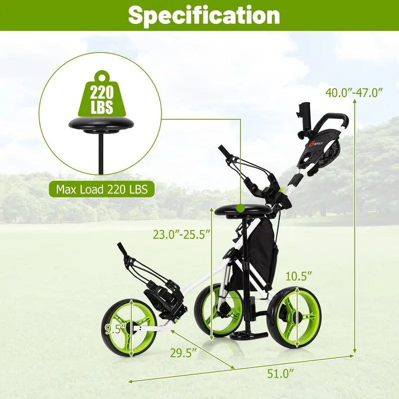 Three-Wheel Golf Push Cart – Space-Saving Foldable Caddy with Ergonomic Seat and Precision-Rolling Wheels
