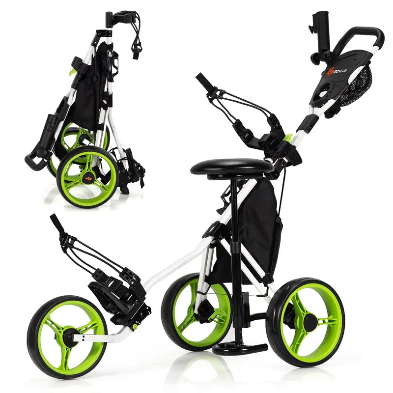 Three-Wheel Golf Push Cart – Space-Saving Foldable Caddy with Ergonomic Seat and Precision-Rolling Wheels 2