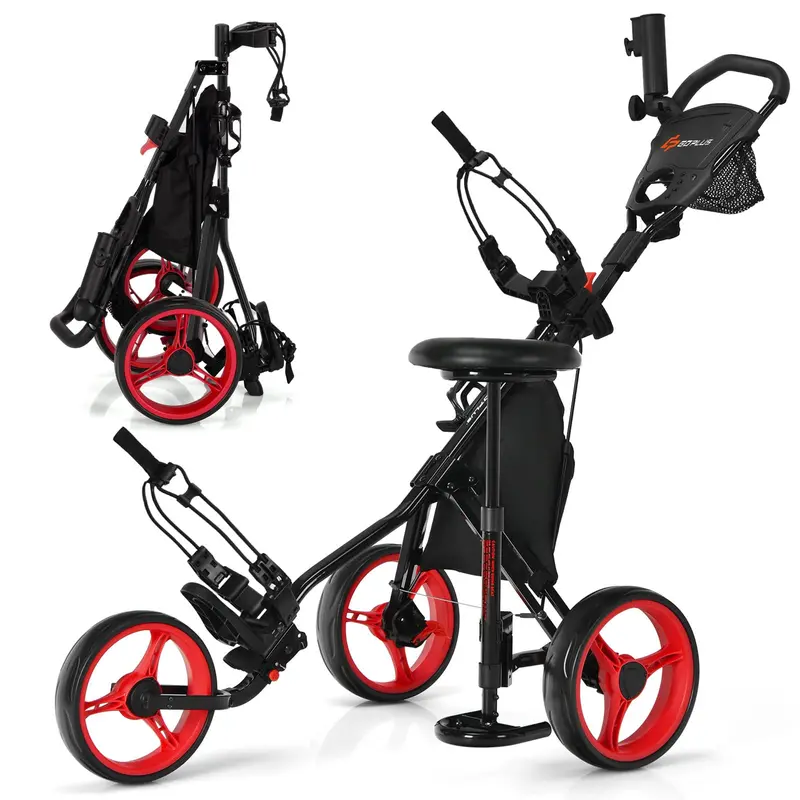 Three-Wheel Golf Push Cart – Space-Saving Foldable Caddy with Ergonomic Seat and Precision-Rolling Wheels