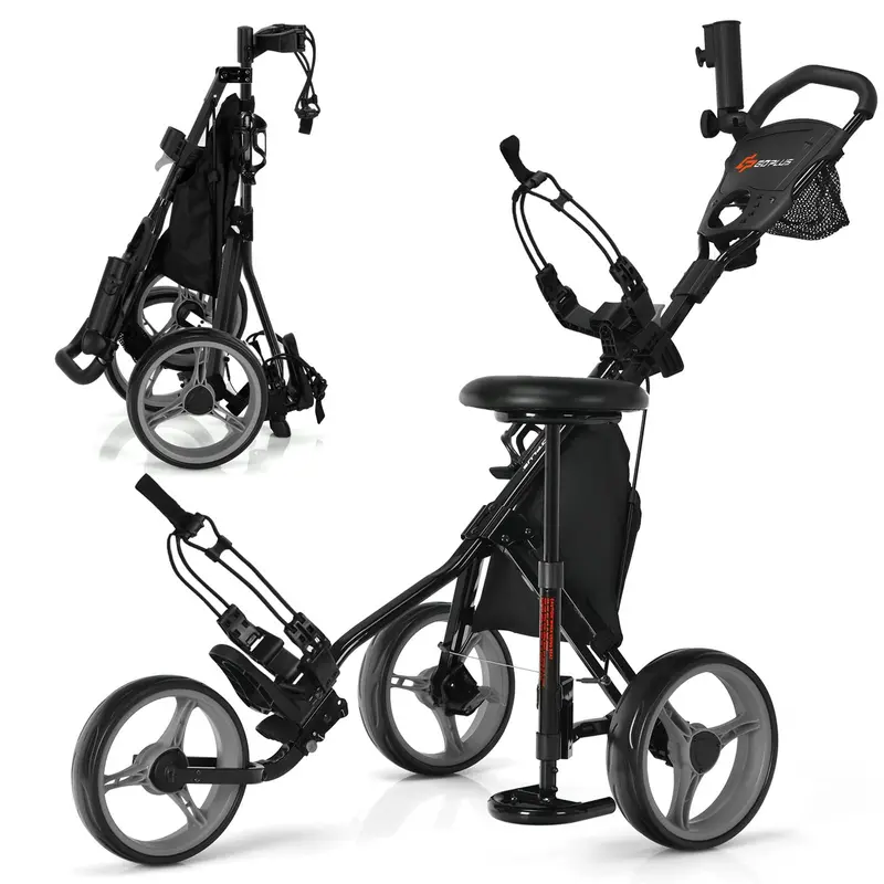Three-Wheel Golf Push Cart – Space-Saving Foldable Caddy with Ergonomic Seat and Precision-Rolling Wheels