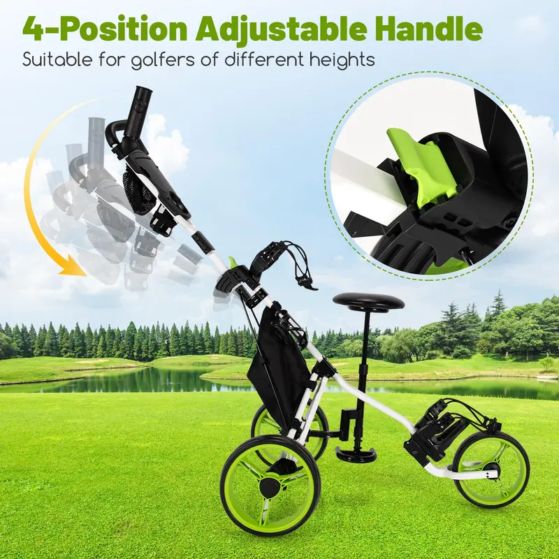 Three-Wheel Golf Push Cart – Space-Saving Foldable Caddy with Ergonomic Seat and Precision-Rolling Wheels