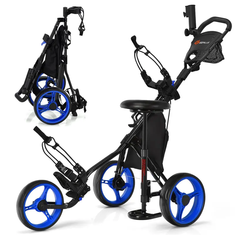 Three-Wheel Golf Push Cart – Space-Saving Foldable Caddy with Ergonomic Seat and Precision-Rolling Wheels
