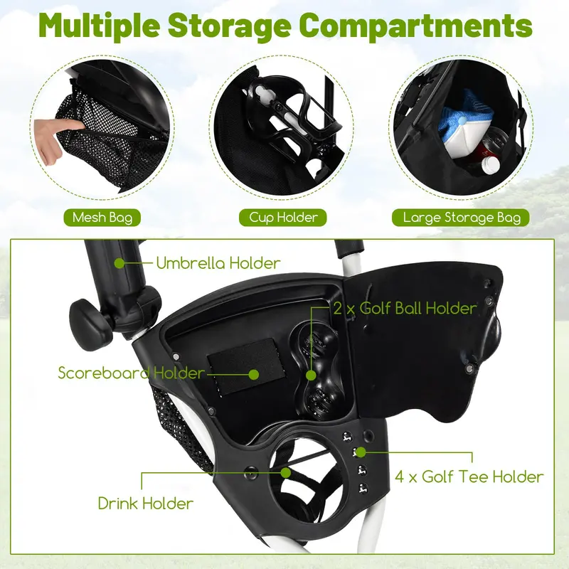 Three-Wheel Golf Push Cart – Space-Saving Foldable Caddy with Ergonomic Seat and Precision-Rolling Wheels