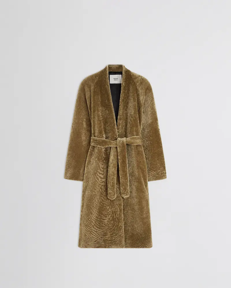 Tobacco Shearling Robe Coat | Belted Shaved Finish With High Collar