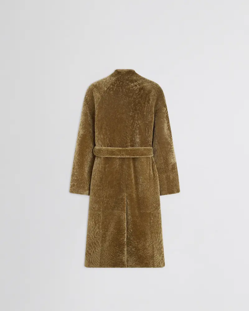 Tobacco Shearling Robe Coat | Belted Shaved Finish With High Collar 2
