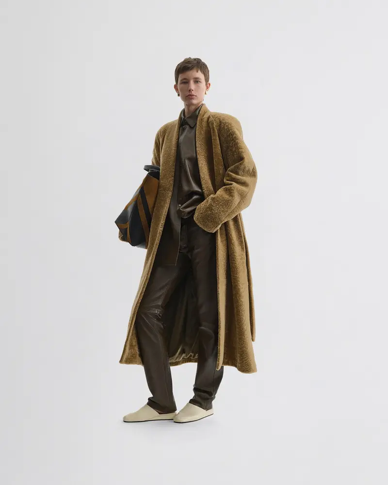 Tobacco Shearling Robe Coat | Belted Shaved Finish With High Collar