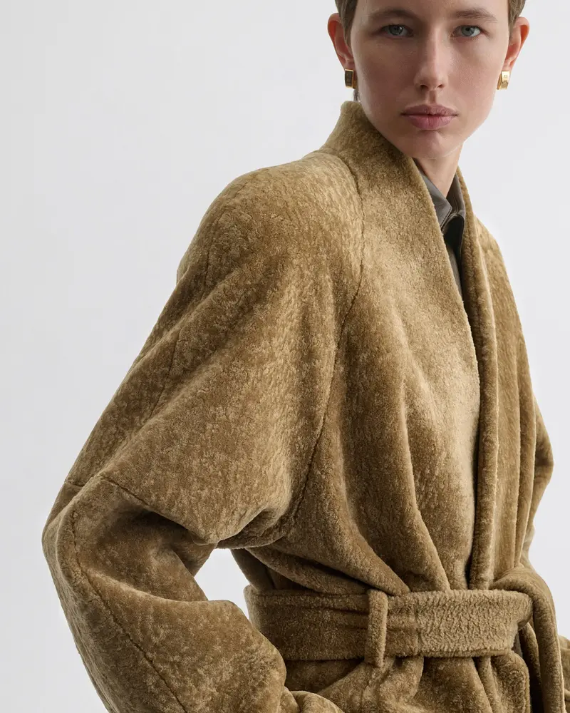 Tobacco Shearling Robe Coat | Belted Shaved Finish With High Collar